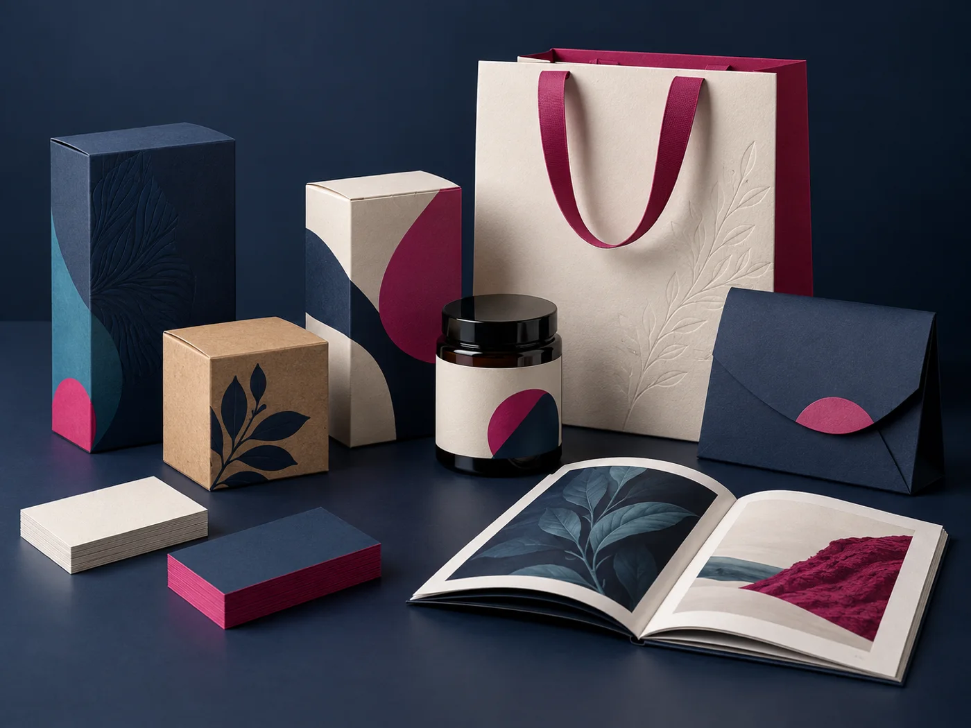 Colección de empaques, bolsas, etiquetas y piezas editoriales en tonos azul y magenta